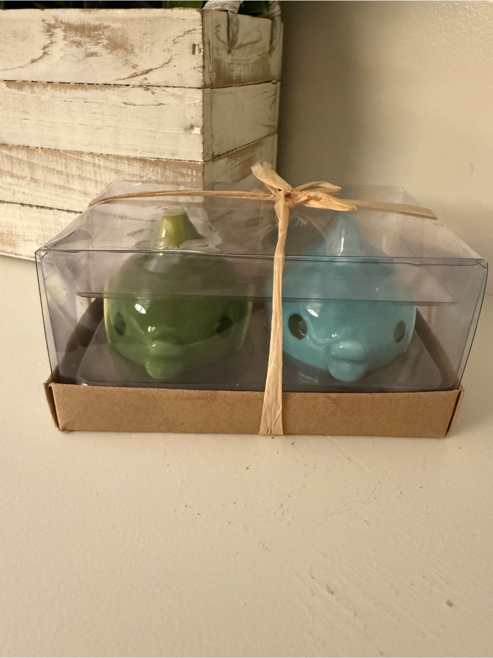 Ceramic Fish Salt & Pepper Shakers Blue Green Boxed Set NEW